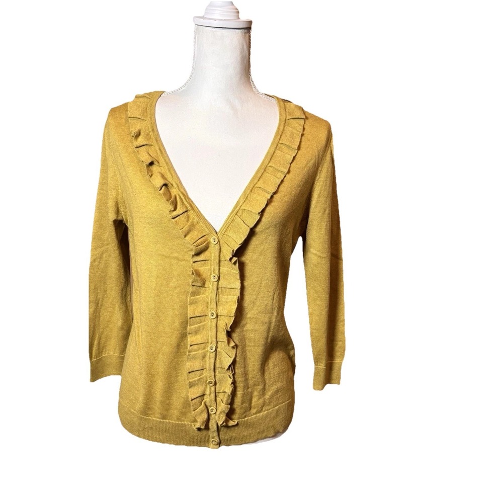 Boden Mustard Yellow Ruffle Cardigan Womens Size 12 Silk Blend Button‎ Front